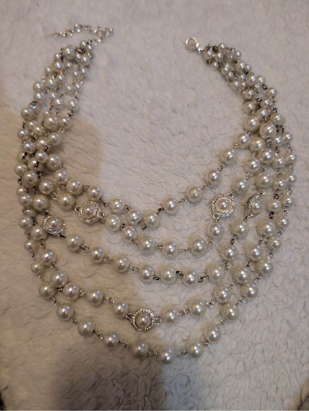 Elegant Multi-Strand Faux Pearl Statement Necklace with Rhinestone Accents
